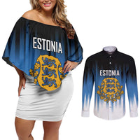 Custom Estonia Football Couples Matching Off Shoulder Short Dress and Long Sleeve Button Shirt Come On Kalevipojad