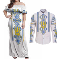 Vyshyvanka Day Couples Matching Off Shoulder Maxi Dress and Long Sleeve Button Shirt Ukrainian Folk Traditions Pattern White Version