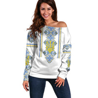 Vyshyvanka Day Off Shoulder Sweater Ukrainian Folk Traditions Pattern White Version