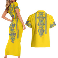 Vyshyvanka Day Couples Matching Short Sleeve Bodycon Dress and Hawaiian Shirt Ukrainian Folk Traditions Pattern Yellow Version