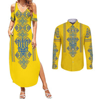 Vyshyvanka Day Couples Matching Summer Maxi Dress and Long Sleeve Button Shirt Ukrainian Folk Traditions Pattern Yellow Version