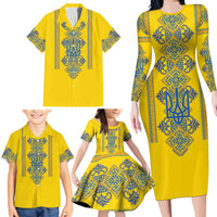 Vyshyvanka Day Family Matching Long Sleeve Bodycon Dress and Hawaiian Shirt Ukrainian Folk Traditions Pattern Yellow Version