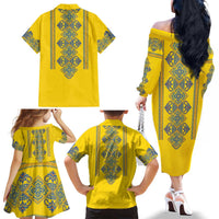 Vyshyvanka Day Family Matching Off The Shoulder Long Sleeve Dress and Hawaiian Shirt Ukrainian Folk Traditions Pattern Yellow Version