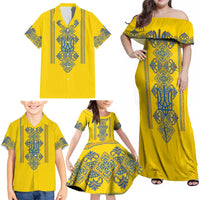 Vyshyvanka Day Family Matching Off Shoulder Maxi Dress and Hawaiian Shirt Ukrainian Folk Traditions Pattern Yellow Version
