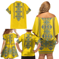 Vyshyvanka Day Family Matching Off Shoulder Short Dress and Hawaiian Shirt Ukrainian Folk Traditions Pattern Yellow Version