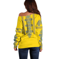 Vyshyvanka Day Off Shoulder Sweater Ukrainian Folk Traditions Pattern Yellow Version