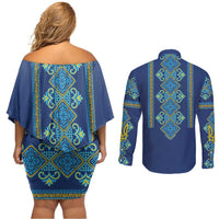 Vyshyvanka Day Couples Matching Off Shoulder Short Dress and Long Sleeve Button Shirt Ukrainian Folk Traditions Pattern Blue Version