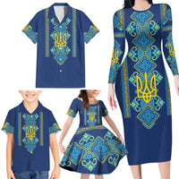 Vyshyvanka Day Family Matching Long Sleeve Bodycon Dress and Hawaiian Shirt Ukrainian Folk Traditions Pattern Blue Version