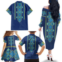 Vyshyvanka Day Family Matching Off The Shoulder Long Sleeve Dress and Hawaiian Shirt Ukrainian Folk Traditions Pattern Blue Version