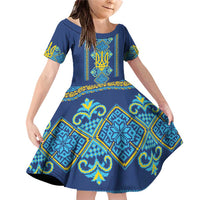Vyshyvanka Day Family Matching Off Shoulder Short Dress and Hawaiian Shirt Ukrainian Folk Traditions Pattern Blue Version