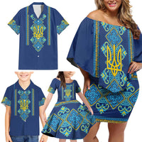 Vyshyvanka Day Family Matching Off Shoulder Short Dress and Hawaiian Shirt Ukrainian Folk Traditions Pattern Blue Version
