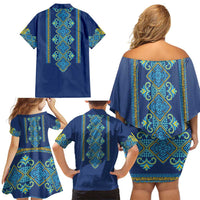 Vyshyvanka Day Family Matching Off Shoulder Short Dress and Hawaiian Shirt Ukrainian Folk Traditions Pattern Blue Version