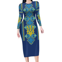Vyshyvanka Day Long Sleeve Bodycon Dress Ukrainian Folk Traditions Pattern Blue Version
