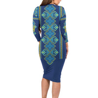 Vyshyvanka Day Long Sleeve Bodycon Dress Ukrainian Folk Traditions Pattern Blue Version