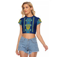 Vyshyvanka Day Raglan Cropped T Shirt Ukrainian Folk Traditions Pattern Blue Version
