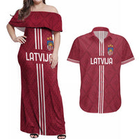 Custom Latvia Football Couples Matching Off Shoulder Maxi Dress and Hawaiian Shirt Latvijas Go Champion Folk Pattern