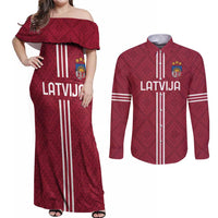 Custom Latvia Football Couples Matching Off Shoulder Maxi Dress and Long Sleeve Button Shirt Latvijas Go Champion Folk Pattern