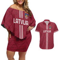 Custom Latvia Football Couples Matching Off Shoulder Short Dress and Hawaiian Shirt Latvijas Go Champion Folk Pattern
