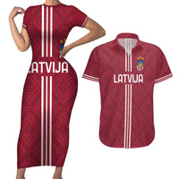 Custom Latvia Football Couples Matching Short Sleeve Bodycon Dress and Hawaiian Shirt Latvijas Go Champion Folk Pattern
