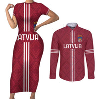 Custom Latvia Football Couples Matching Short Sleeve Bodycon Dress and Long Sleeve Button Shirt Latvijas Go Champion Folk Pattern