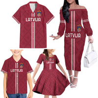 Custom Latvia Football Family Matching Off The Shoulder Long Sleeve Dress and Hawaiian Shirt Latvijas Go Champion Folk Pattern