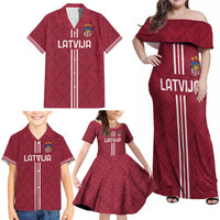 Custom Latvia Football Family Matching Off Shoulder Maxi Dress and Hawaiian Shirt Latvijas Go Champion Folk Pattern