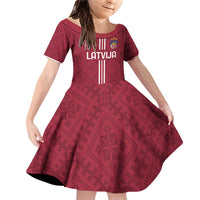 Custom Latvia Football Family Matching Off Shoulder Short Dress and Hawaiian Shirt Latvijas Go Champion Folk Pattern