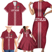 Custom Latvia Football Family Matching Short Sleeve Bodycon Dress and Hawaiian Shirt Latvijas Go Champion Folk Pattern