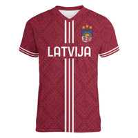 Custom Latvia Football Women V-Neck T-Shirt Latvijas Go Champion Folk Pattern