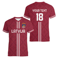 Custom Latvia Football Women V-Neck T-Shirt Latvijas Go Champion Folk Pattern