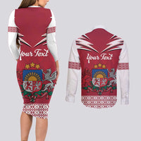 Personalized Latvia Couples Matching Long Sleeve Bodycon Dress and Long Sleeve Button Shirt Latvijas Republika Folk Pattern