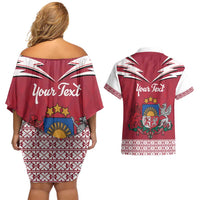 Personalized Latvia Couples Matching Off Shoulder Short Dress and Hawaiian Shirt Latvijas Republika Folk Pattern
