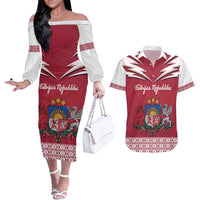 Personalized Latvia Couples Matching Off The Shoulder Long Sleeve Dress and Hawaiian Shirt Latvijas Republika Folk Pattern