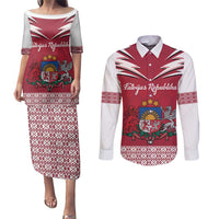 Personalized Latvia Couples Matching Puletasi and Long Sleeve Button Shirt Latvijas Republika Folk Pattern