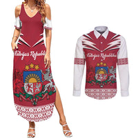 Personalized Latvia Couples Matching Summer Maxi Dress and Long Sleeve Button Shirt Latvijas Republika Folk Pattern