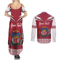 Personalized Latvia Couples Matching Summer Maxi Dress and Long Sleeve Button Shirt Latvijas Republika Folk Pattern