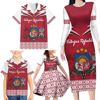 Personalized Latvia Family Matching Long Sleeve Bodycon Dress and Hawaiian Shirt Latvijas Republika Folk Pattern