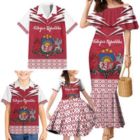 Personalized Latvia Family Matching Mermaid Dress and Hawaiian Shirt Latvijas Republika Folk Pattern