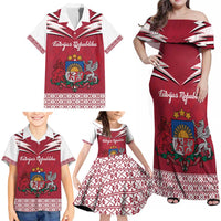 Personalized Latvia Family Matching Off Shoulder Maxi Dress and Hawaiian Shirt Latvijas Republika Folk Pattern