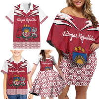Personalized Latvia Family Matching Off Shoulder Short Dress and Hawaiian Shirt Latvijas Republika Folk Pattern