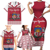 Personalized Latvia Family Matching Short Sleeve Bodycon Dress and Hawaiian Shirt Latvijas Republika Folk Pattern