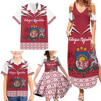 Personalized Latvia Family Matching Summer Maxi Dress and Hawaiian Shirt Latvijas Republika Folk Pattern