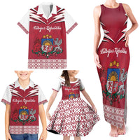 Personalized Latvia Family Matching Tank Maxi Dress and Hawaiian Shirt Latvijas Republika Folk Pattern