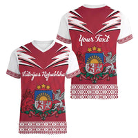 Personalized Latvia Women V-Neck T-Shirt Latvijas Republika Folk Pattern