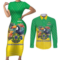 Brazil Coat Of Arms Couples Matching Short Sleeve Bodycon Dress and Long Sleeve Button Shirt With Flag Style - Wonder Print Shop