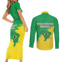 Brazil Coat Of Arms Couples Matching Short Sleeve Bodycon Dress and Long Sleeve Button Shirt With Flag Style - Wonder Print Shop