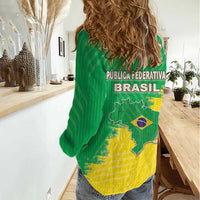 Brazil Coat Of Arms Women Casual Shirt With Flag Style - Wonder Print Shop
