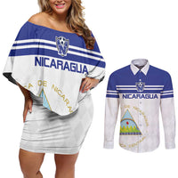 Custom Nicaragua Football Couples Matching Off Shoulder Short Dress and Long Sleeve Button Shirt La Azul y Blanco - Wonder Print Shop