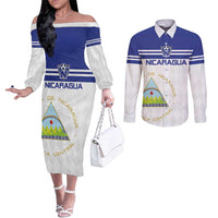 Custom Nicaragua Football Couples Matching Off The Shoulder Long Sleeve Dress and Long Sleeve Button Shirt La Azul y Blanco - Wonder Print Shop