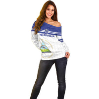 Custom Nicaragua Football Off Shoulder Sweater La Azul y Blanco - Wonder Print Shop